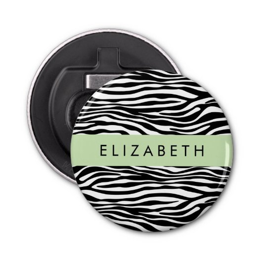 Zebraprint, strepen, zwart-wit, Jouw naam Button Flesopener (Voorkant)