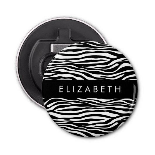 Zebraprint, strepen, zwart-wit, Jouw naam Button Flesopener (Voorkant)