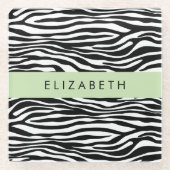 Zebraprint, strepen, zwart-wit, Jouw naam Glazen Onderzetter (Voorkant)