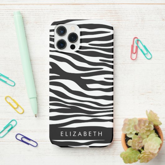Zebraprint, strepen, zwart-wit, Jouw naam iPhone Hoesje (Op bureau)