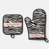 Zebraprint, strepen, zwart-wit, Jouw naam Ovenwant & Pannenlap Set (Voorkant)