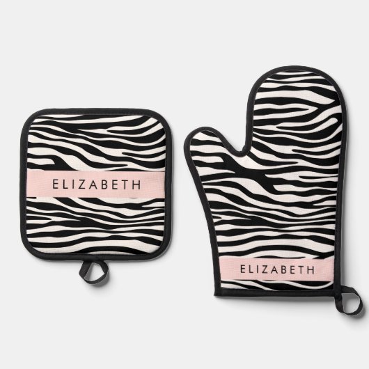 Zebraprint, strepen, zwart-wit, Jouw naam Ovenwant & Pannenlap Set (Voorkant)
