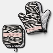 Zebraprint, strepen, zwart-wit, Jouw naam Ovenwant & Pannenlap Set (Voorkant / Achterkant)