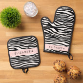 Zebraprint, strepen, zwart-wit, Jouw naam Ovenwant & Pannenlap Set (Top down)