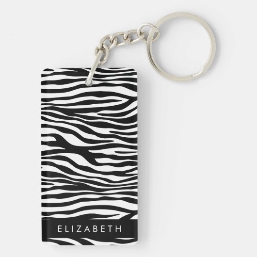 Zebraprint, strepen, zwart-wit, Jouw naam Sleutelhanger (achterkant)