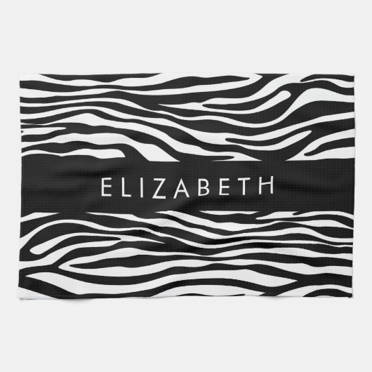 Zebraprint, strepen, zwart-wit, Jouw naam Theedoek (Horizontaal)