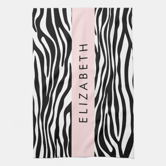 Zebraprint, strepen, zwart-wit, Jouw naam Theedoek (Verticaal)