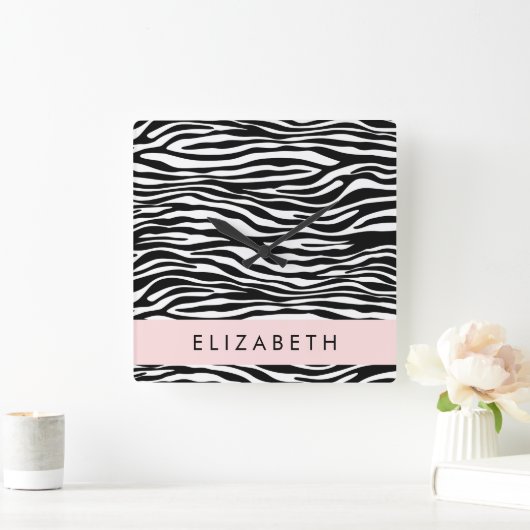 Zebraprint, strepen, zwart-wit, Jouw naam Vierkante Klok (Huis)