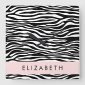 Zebraprint, strepen, zwart-wit, Jouw naam Vierkante Klok (Voorkant)
