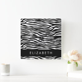 Zebraprint, strepen, zwart-wit, Jouw naam Vierkante Klok