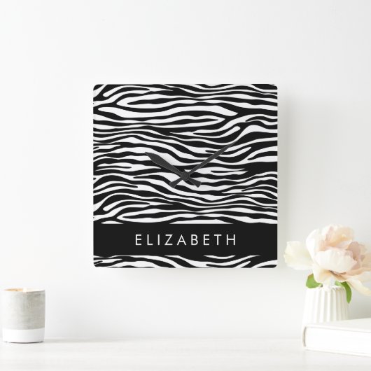 Zebraprint, strepen, zwart-wit, Jouw naam Vierkante Klok (Huis)