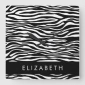 Zebraprint, strepen, zwart-wit, Jouw naam Vierkante Klok (Voorkant)