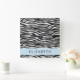 Zebraprint, strepen, zwart-wit, Jouw naam Vierkante Klok