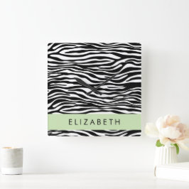Zebraprint, strepen, zwart-wit, Jouw naam Vierkante Klok