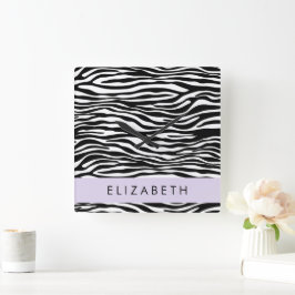 Zebraprint, strepen, zwart-wit, Jouw naam Vierkante Klok
