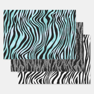 Zebraprint zwart en turquoise en wit inpakpapier vel