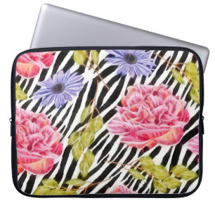 Zebra's afdrukken met roze en Paarse Floral Laptop Sleeve