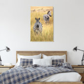 Zebras, langwerpig gras canvas afdruk (Insitu (Slaapkamer))