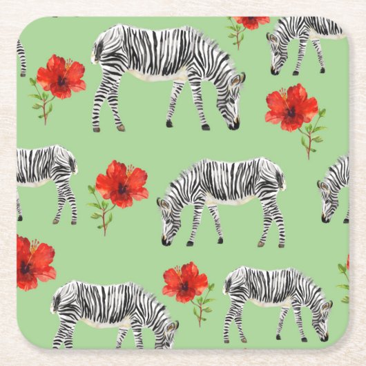 Zebras onder Hibiscus Flowers Kartonnen Onderzetters (Voorkant)