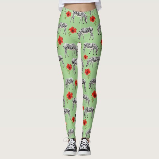 Zebras onder Hibiscus Flowers Leggings (Voorkant)