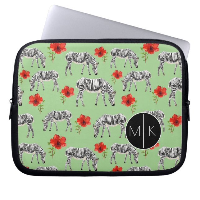 Zebras onder Hibiscus Flowers | Monogram Laptop Sleeve (Voorkant)