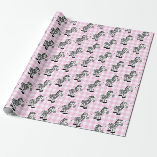 Zebra's op Pink Gingham Cadeaupapier (Uitgerold)