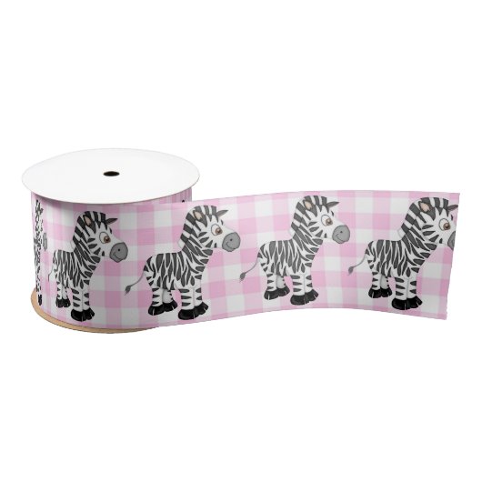 Zebra's op Pink Gingham Satijnen Lint (Spoel)