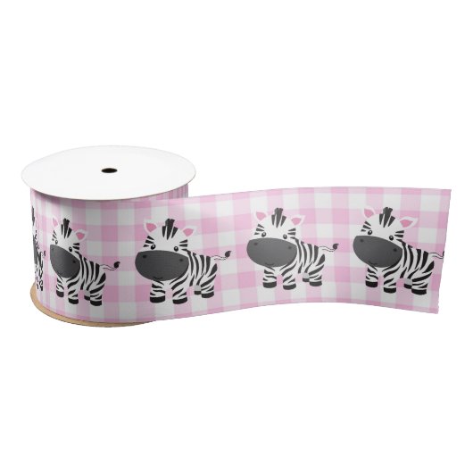 Zebra's op Pink Gingham Satijnen Lint (Spoel)