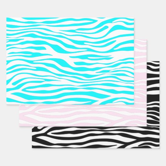 Zebrastripes in roze, zwart en blauw inpakpapier vel (Set)