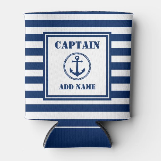 Zee Anker Kapitein Bootnaam Blauw en Wit Streep Blikjeskoeler (Voorkant)