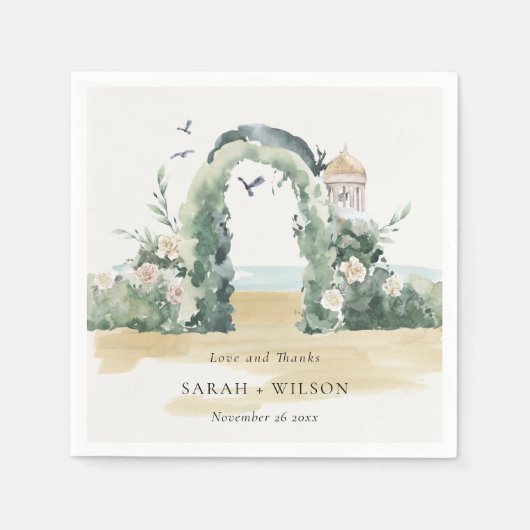 Zee Beach Floral Arch Botanical Wedding Bedankt Servet (Voorkant)
