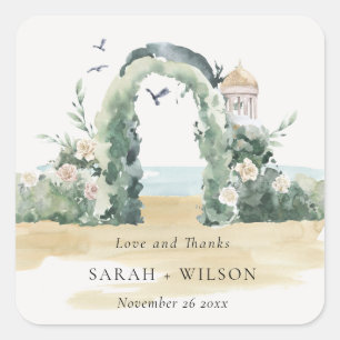 Zee Beach Floral Arch Botanical Wedding Bedankt Vierkante Sticker