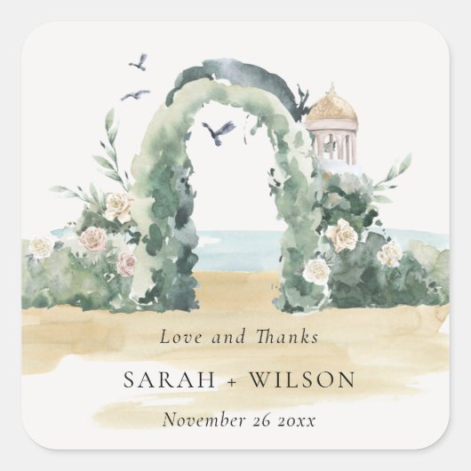 Zee Beach Floral Arch Botanical Wedding Bedankt Vierkante Sticker (Voorkant)