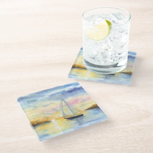 Zee bij zonsondergang glazen onderzetter (Schuin)