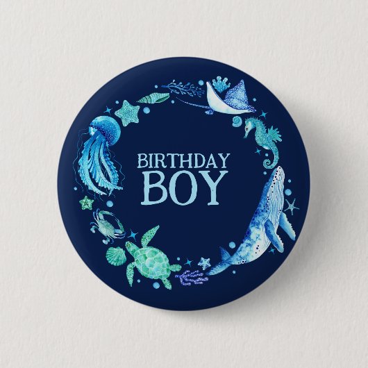 Zee Birthday Boy Whale Navy Ronde Button 5,7 Cm (Voorkant)