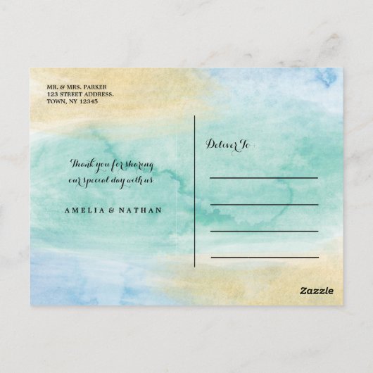 Zee blauw goud foto bruiloft dank u Briefkaart (Achterkant)