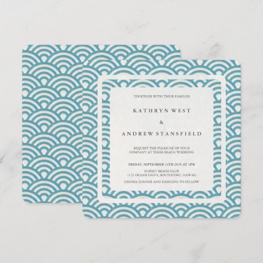 Zee Blauw Groen Stijlvolle Golven Modern Weddensch Kaart (Voorkant / Achterkant)