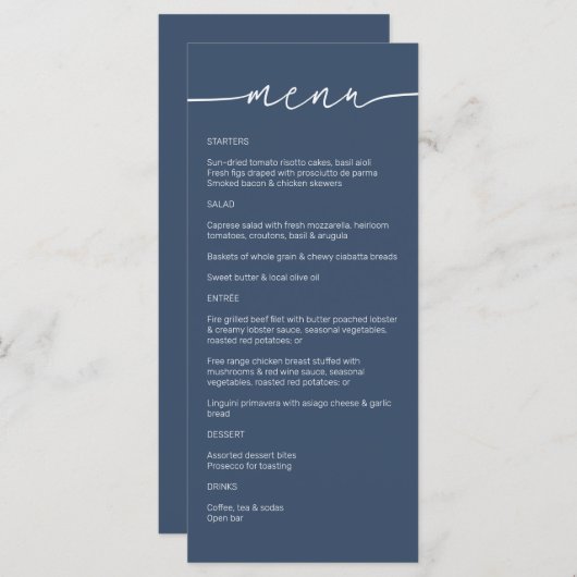 Zee blauw · Modern minimalistisch script bruiloft Menu (Voorkant / Achterkant)