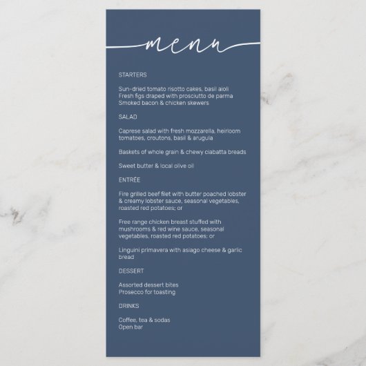 Zee blauw · Modern minimalistisch script bruiloft Menu (Voorkant)
