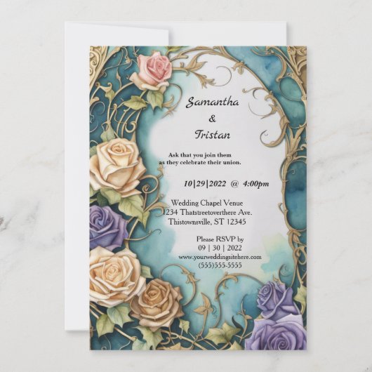 Zee Blauw Waterverf Bloemen Roos Elegant Bruiloft Kaart (Voorkant)