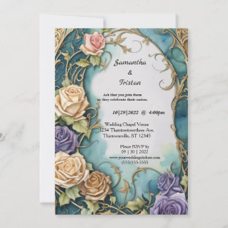 Zee Blauw Waterverf Bloemen Roos Elegant Bruiloft Kaart