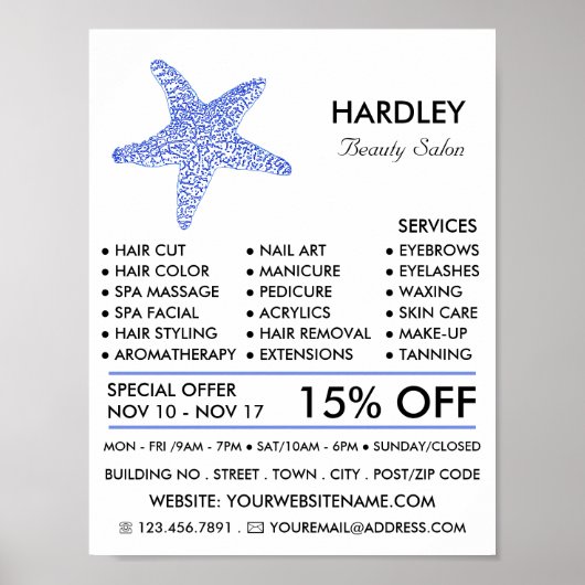 Zee Blue Beach Starfish, Beautician, Beauty Salon Poster (Voorkant)