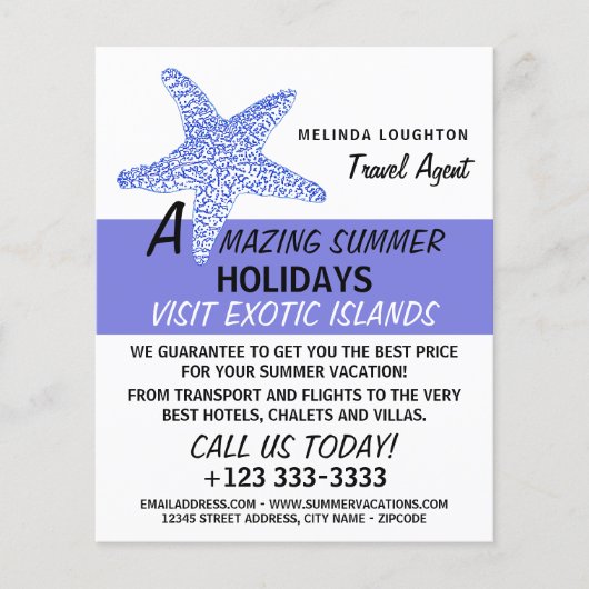 Zee Blue Beach Starfish, reisagent Adverteren Flyer (Voorkant)