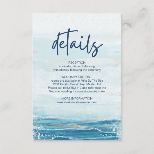Zee Blue Beach Waves Coastal Weddenschap Details Informatiekaartje (Voorkant)