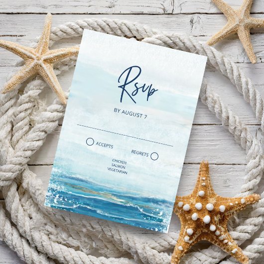 Zee Blue Beach Waves Coastal Wedding RSVP Kaartje