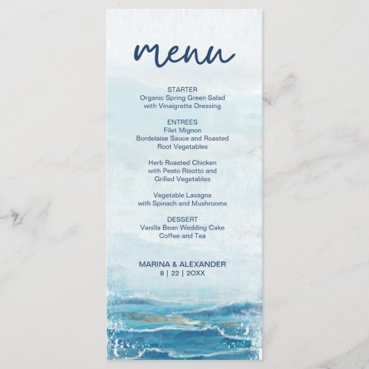 Zee Blue Beach Waves Waterverf Kusthuwelijk Menu (Voorkant)