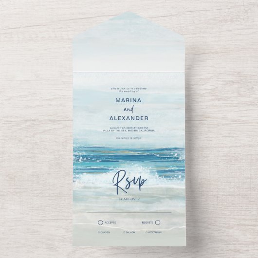 Zee Blue Beach Waves Waterverf Weddenschap All In One Uitnodiging (Binnen)