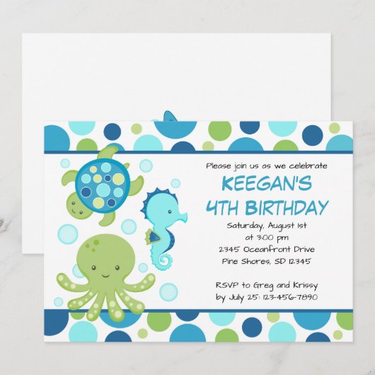 Zee Blue Boy of Girl Birthday Invitations Kaart (Voorkant / Achterkant)