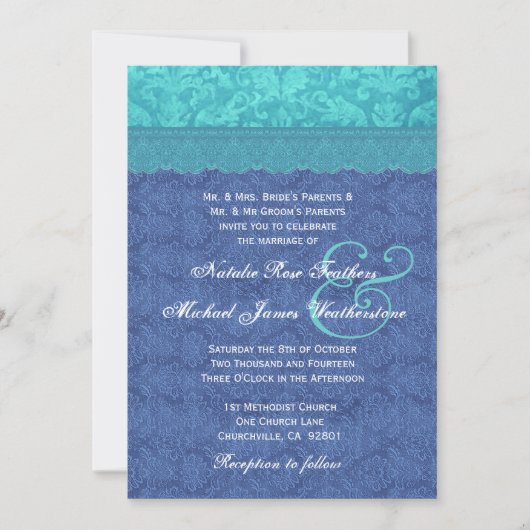 Zee Blue en Aqua Blue Damask Wedding G500F Kaart (Voorkant)