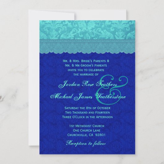 Zee Blue en Royal Blue Damask Wedding G500G Kaart (Voorkant)